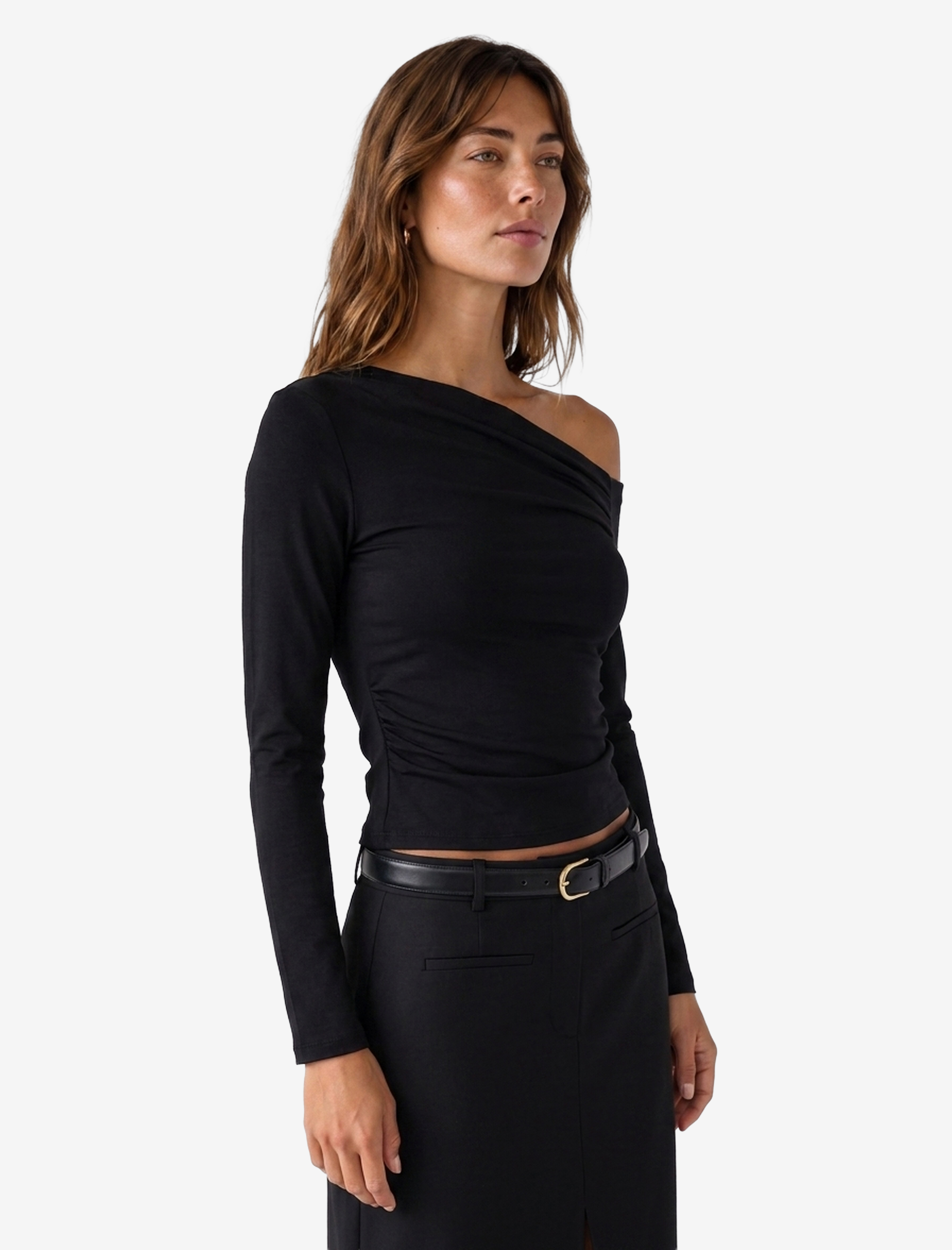   Slim Fit Drapeli Asimetrik Kesim Uzun Kollu Tek Omuz Tişört