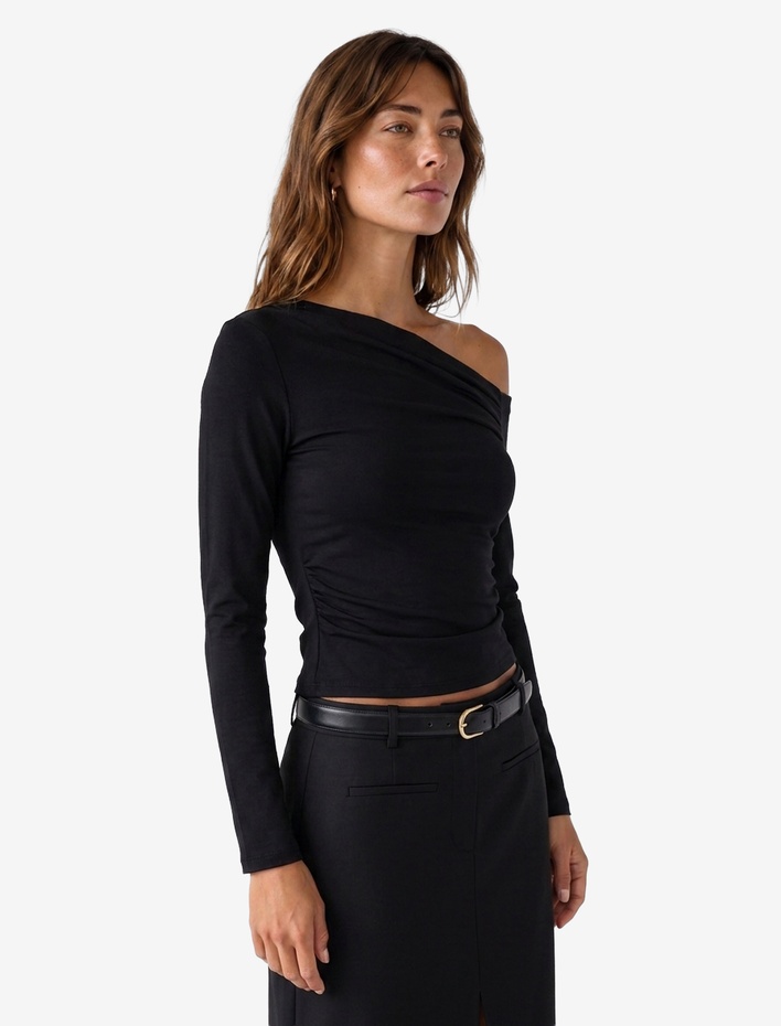  Slim Fit Drapeli Asimetrik Kesim Uzun Kollu Tek Omuz Tişört