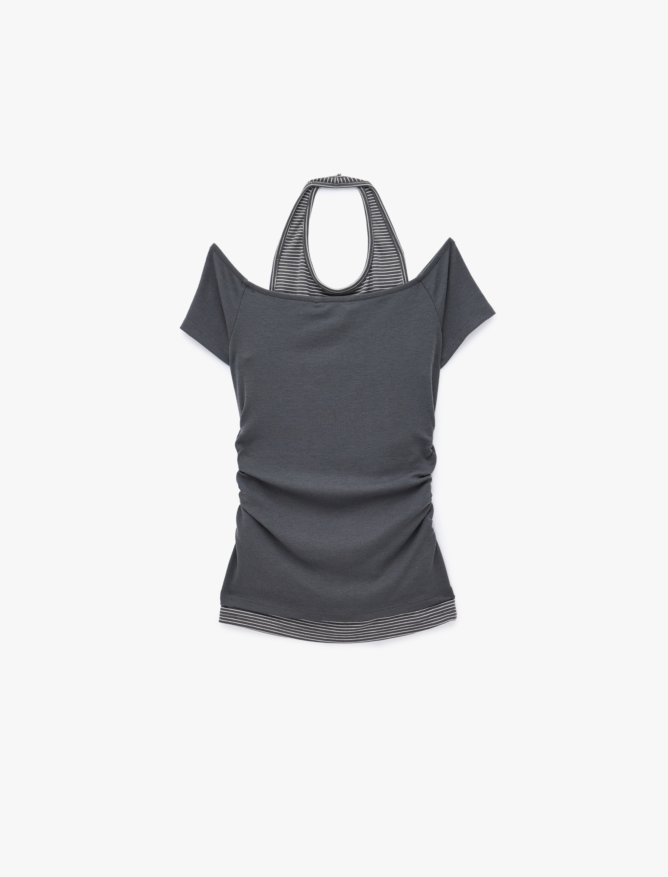   Slim Fit Drapeli Omzu Açık Katmanlı Kısa Kollu Halter Yaka Tişört