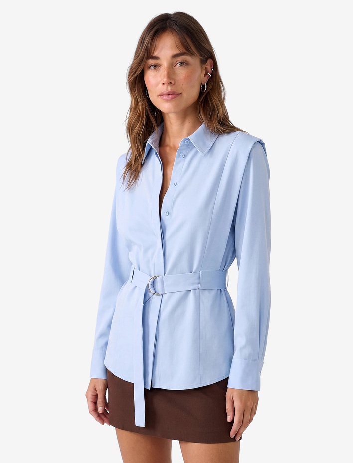  Pamuklu Regular Fit Uzun Kollu Kemerli Poplin Gömlek