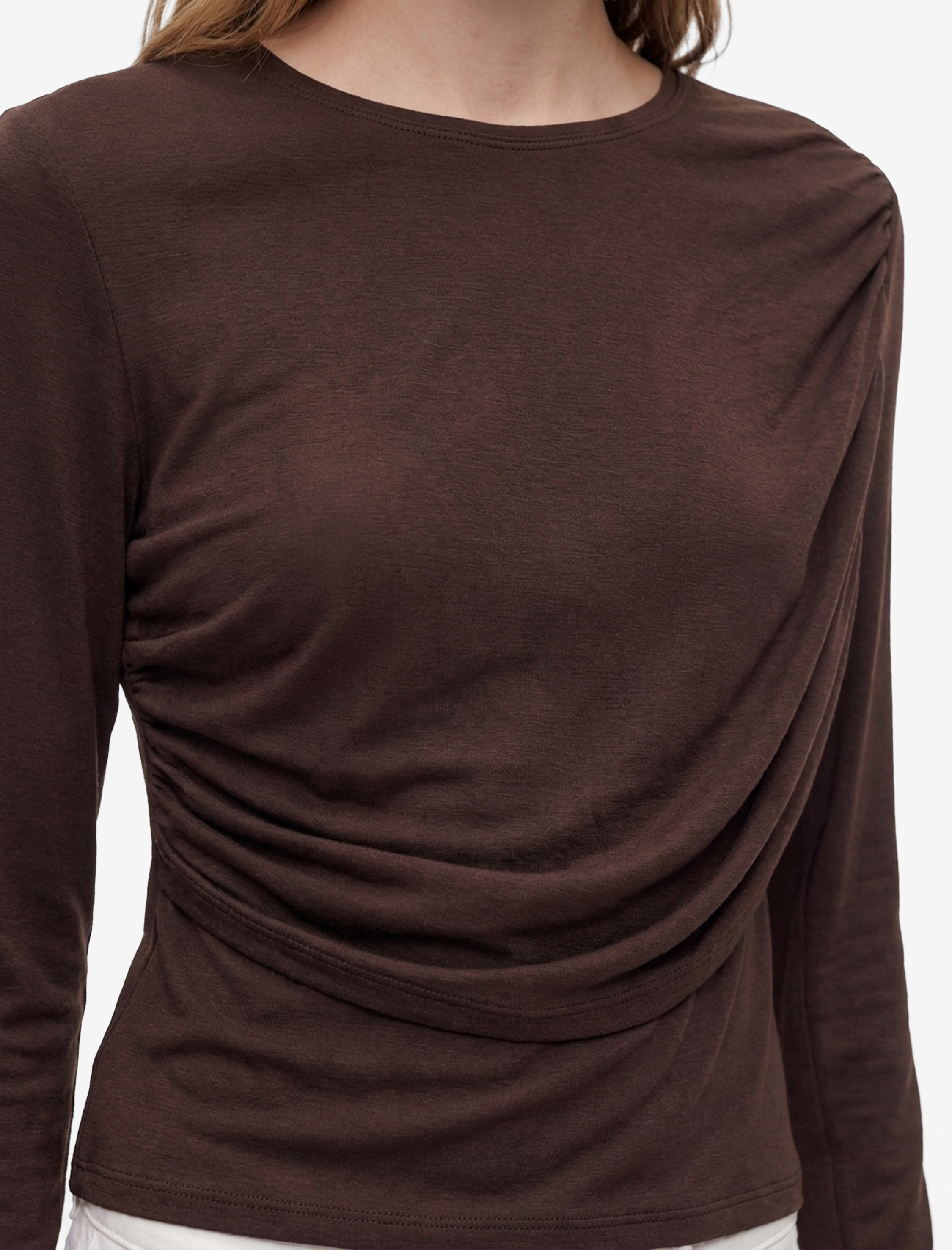   Uzun Kollu Slim Fit Drape Detaylı Tişört