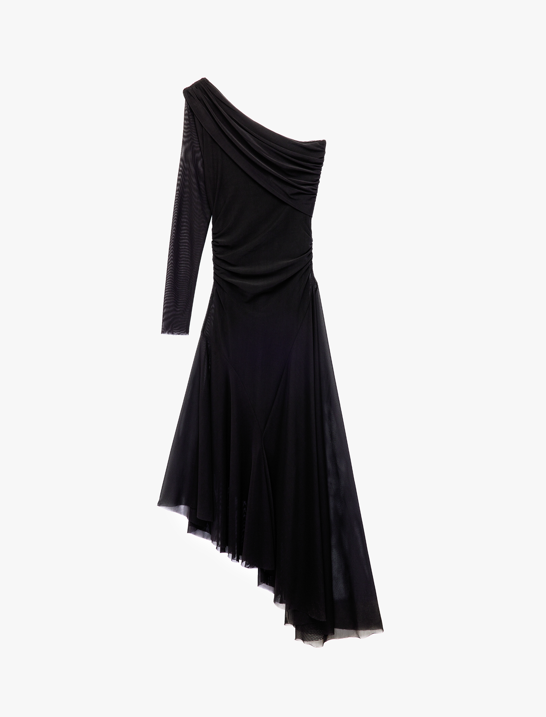   Asimetrik Kesim Drape Detaylı Volümlü Uzun Kollu Tek Omuz Tül Elbise