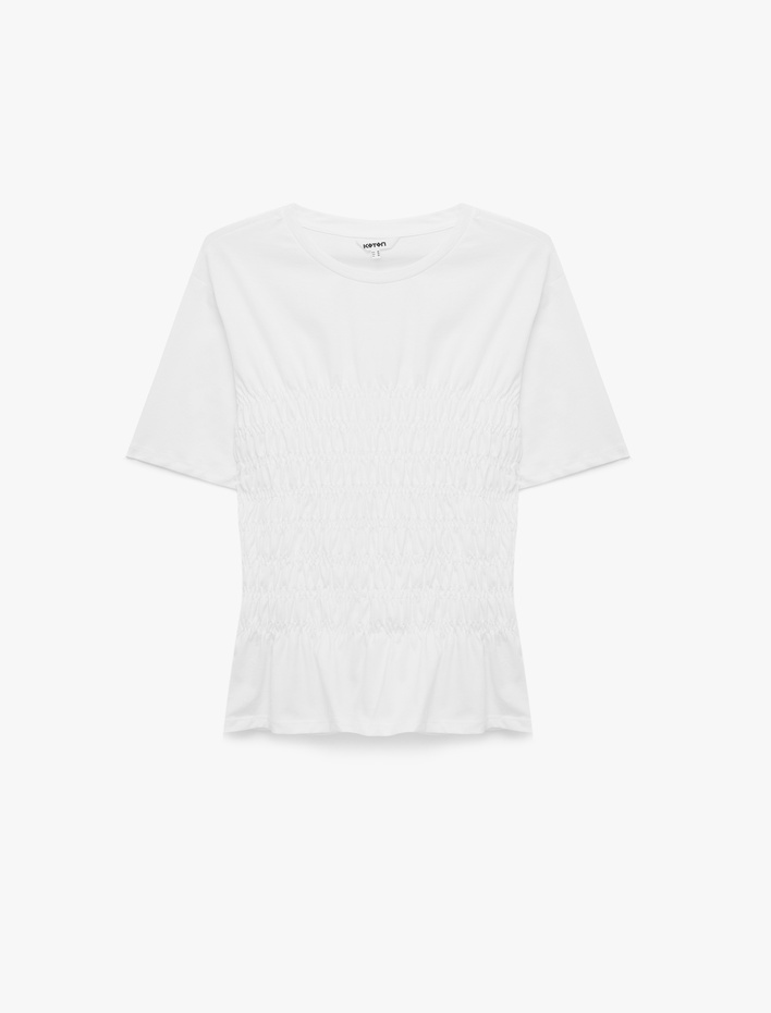  Pamuklu Slim Fit Bisiklet Yaka Kısa Kollu Bel Vurgulu Büzgülü Tişört