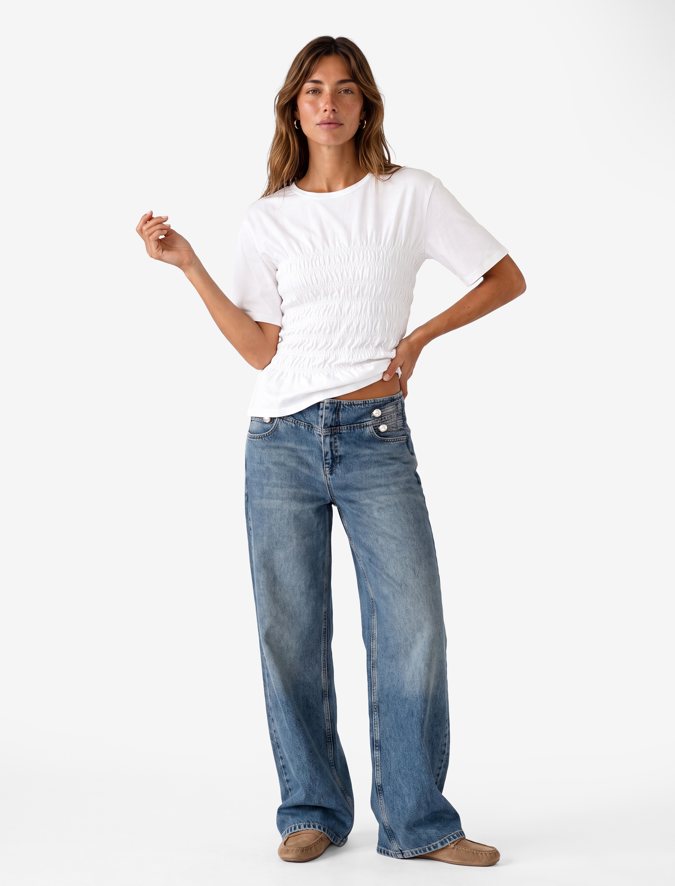   Pamuklu Slim Fit Bisiklet Yaka Kısa Kollu Bel Vurgulu Büzgülü Tişört