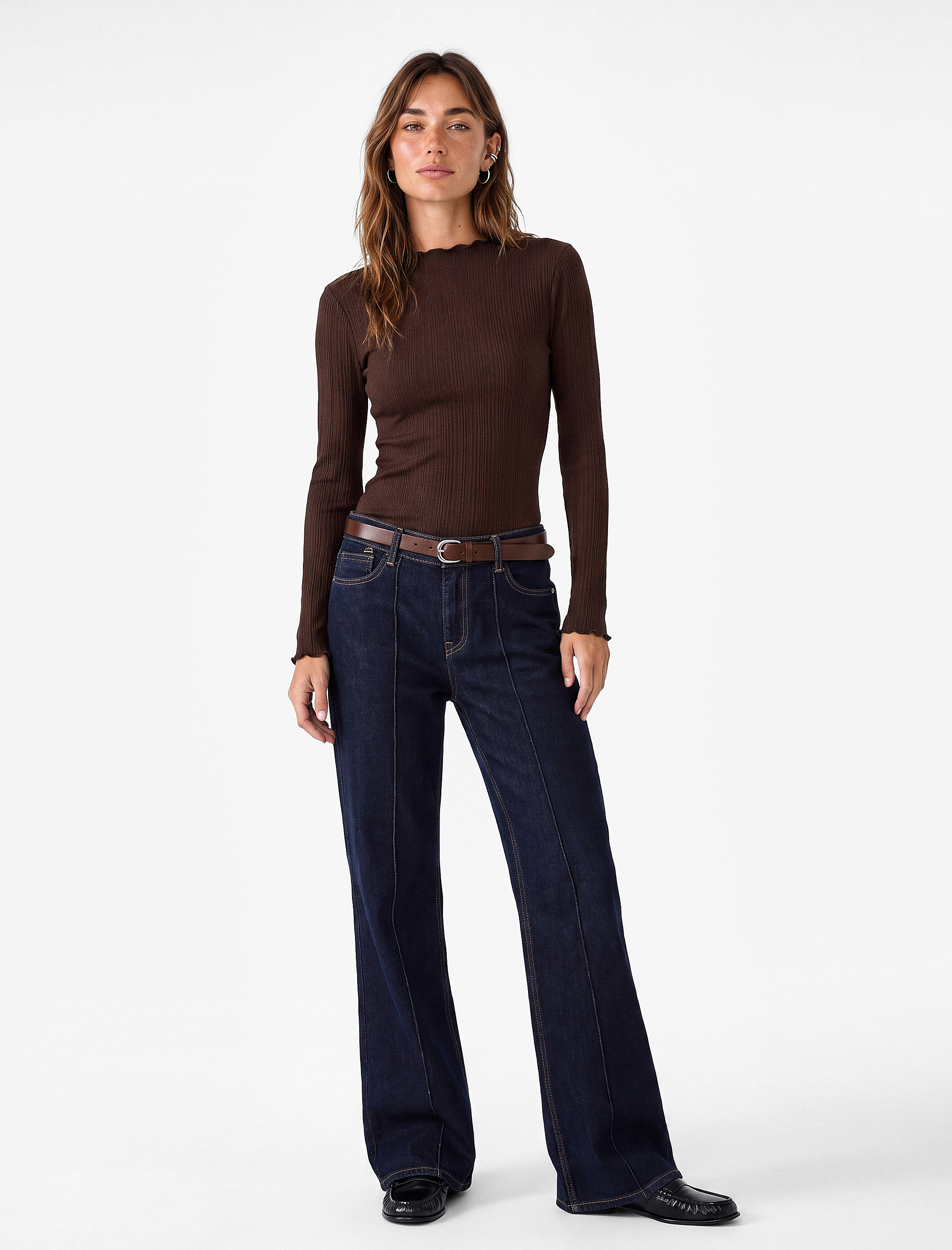   Kaşkorse Viskon Kumaş Slim Fit Uzun Kollu Fırfırlı Bisiklet Yaka Tişört
