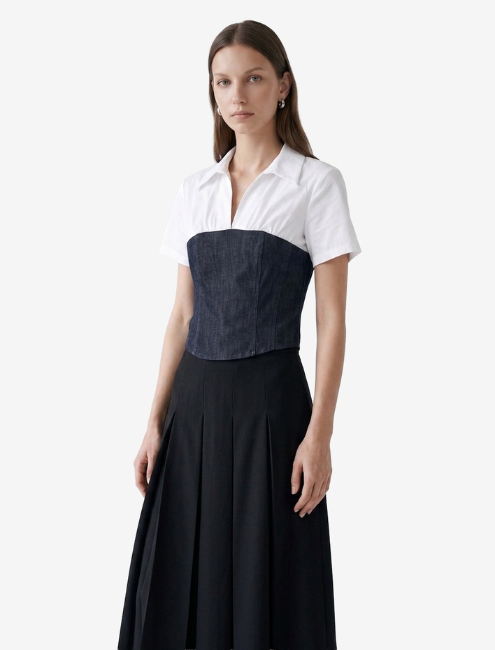  İki Farklı Kumaş Kullanımlı Slim Fit Kısa Kollu Korse Detaylı Gömlek