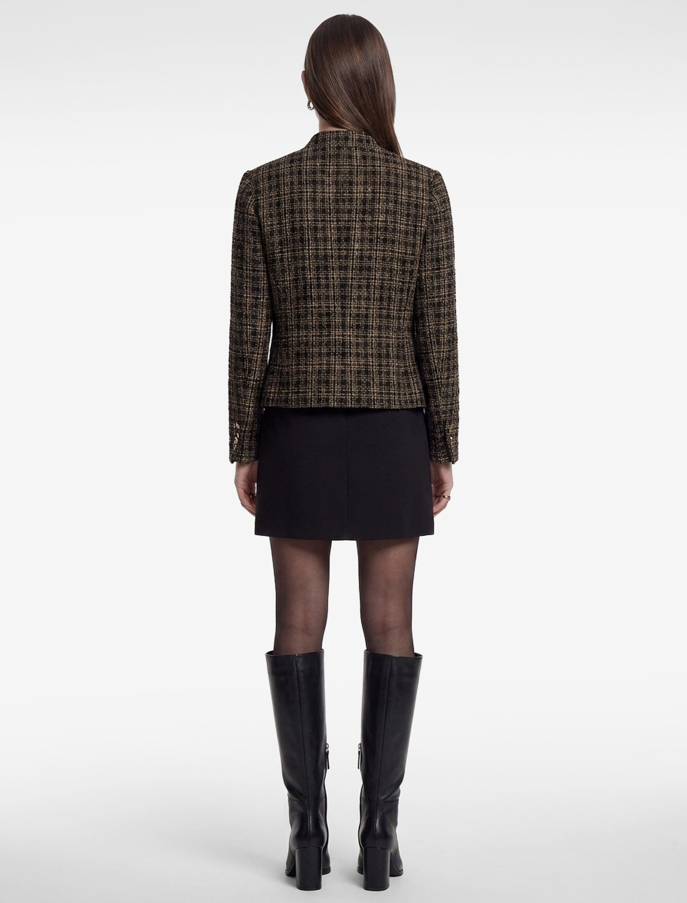   Uzun Kollu Düğmeli Dik Yaka Tüvit Peplum Ekose Ceket