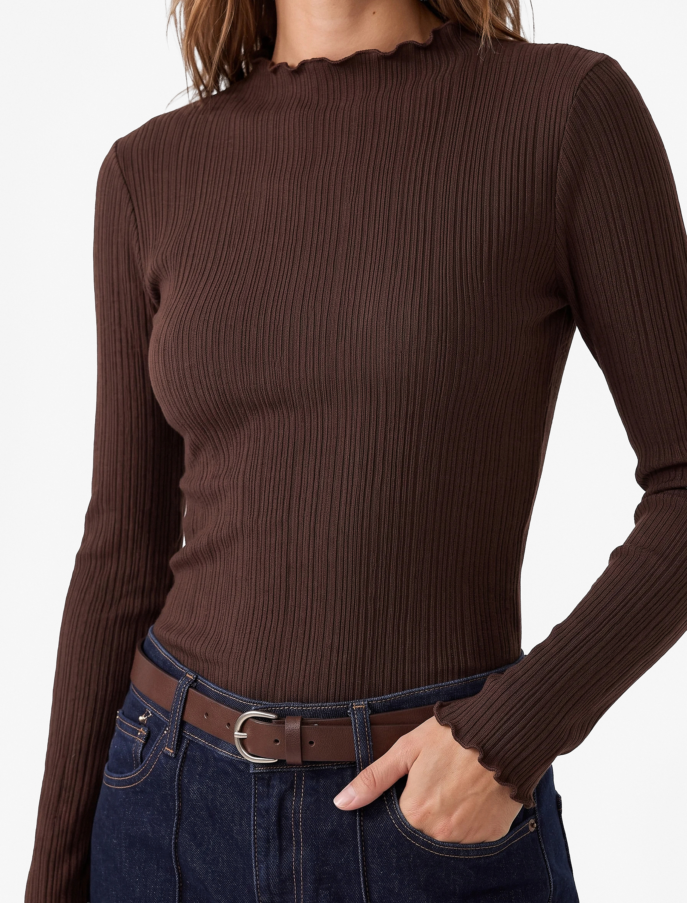   Kaşkorse Viskon Kumaş Slim Fit Uzun Kollu Fırfırlı Bisiklet Yaka Tişört