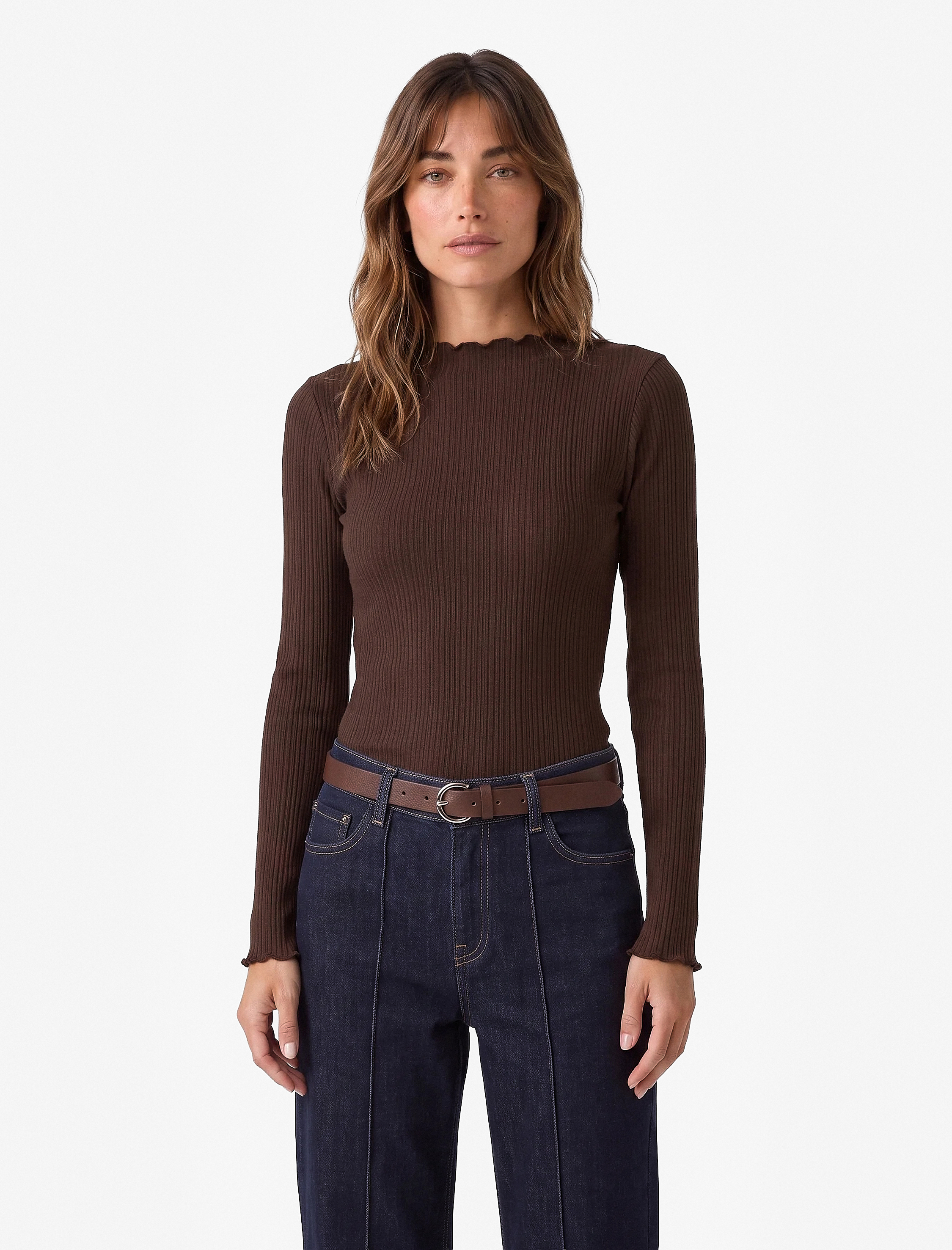   Kaşkorse Viskon Kumaş Slim Fit Uzun Kollu Fırfırlı Bisiklet Yaka Tişört