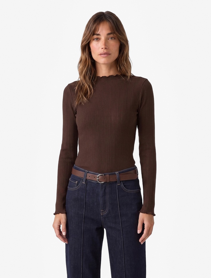  Kaşkorse Viskon Kumaş Slim Fit Uzun Kollu Fırfırlı Bisiklet Yaka Tişört