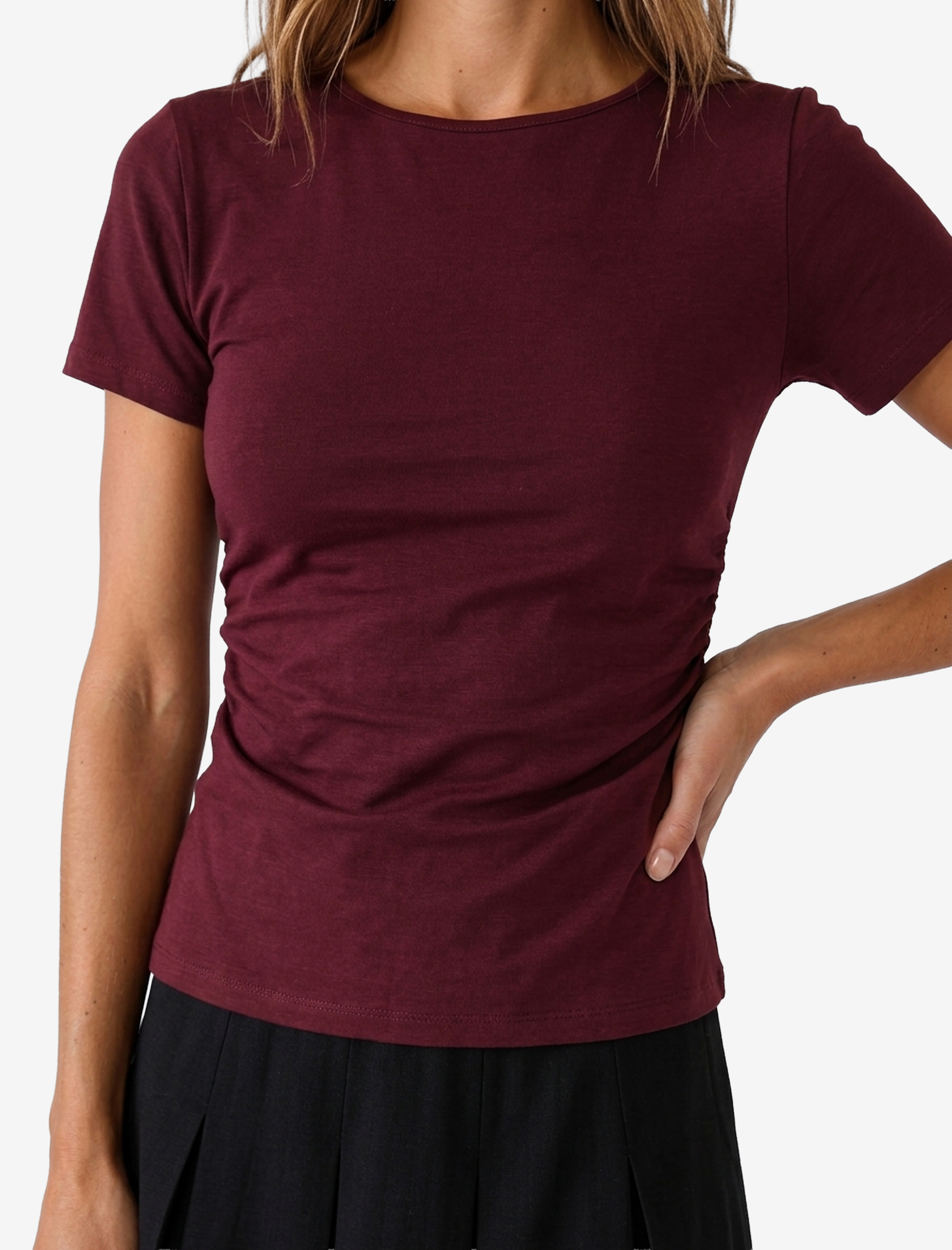   Viskon Slim Fit Büzgülü Bisiklet Yaka Kısa Kollu Tişört