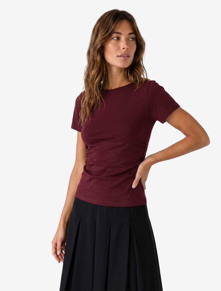  Viskon Slim Fit Büzgülü Bisiklet Yaka Kısa Kollu Tişört