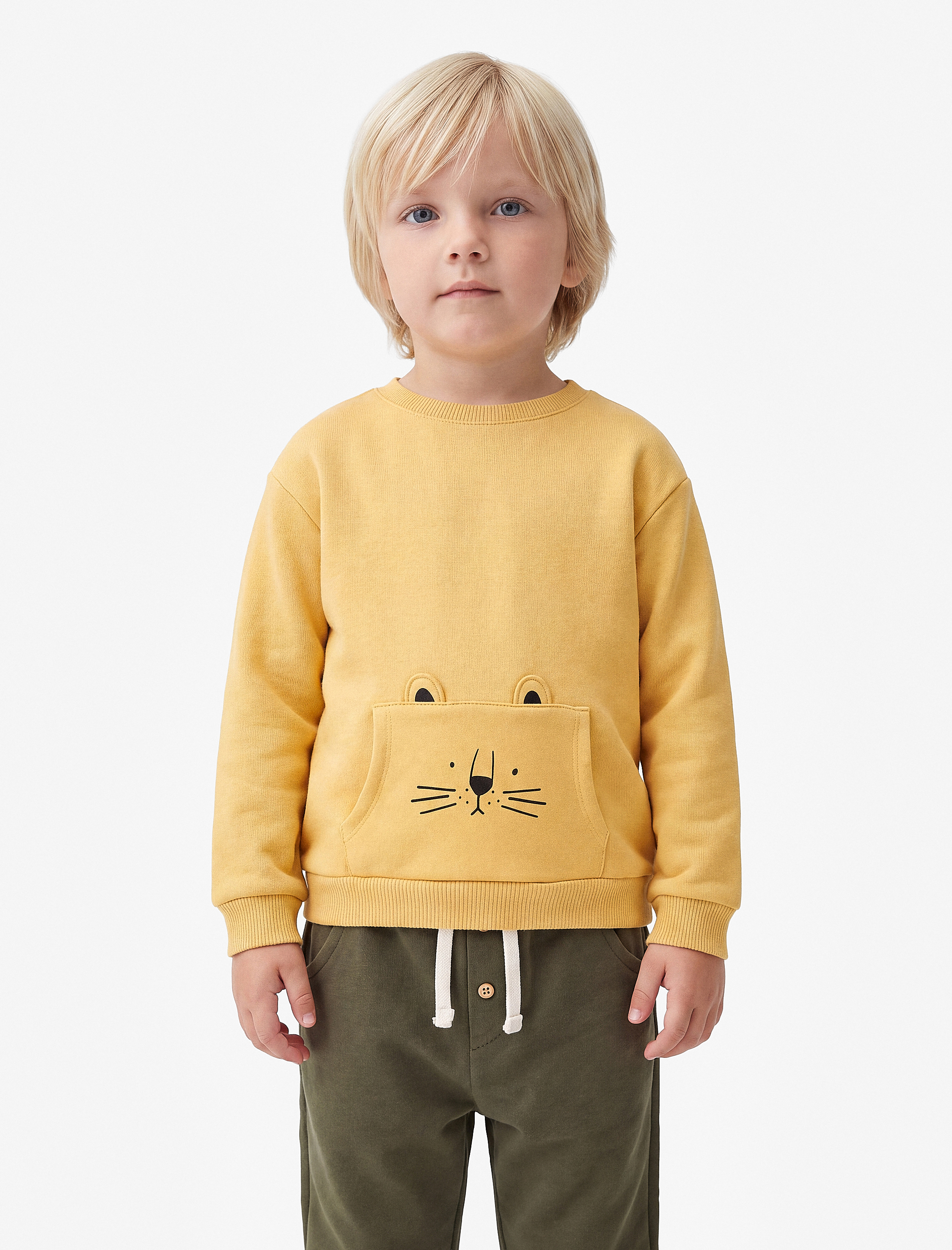 Erkek Bebek Kedi Baskılı Kanguru Cepli Uzun Kollu Şardonlu Sweatshirt
