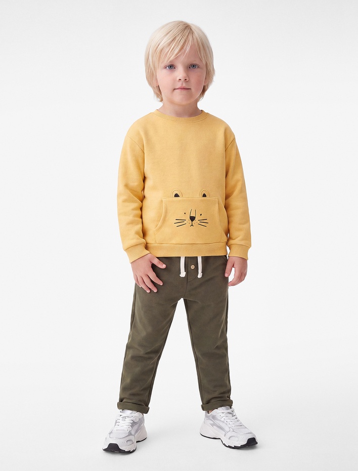 Erkek Bebek Kedi Baskılı Kanguru Cepli Uzun Kollu Şardonlu Sweatshirt