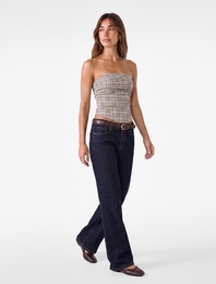 Arkası Gipeli Slim Fit Katmanlı Straplez Ekose Bluz