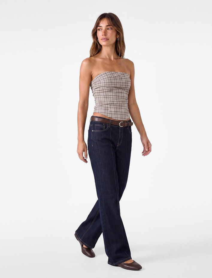  Arkası Gipeli Slim Fit Katmanlı Straplez Ekose Bluz