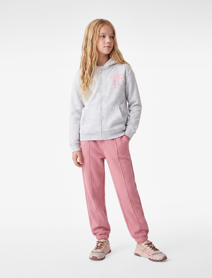 Kız Çocuk Şardonlu Cep Detaylı Baskılı Uzun Kollu Fermuarlı Kapşonlu Sweatshirt