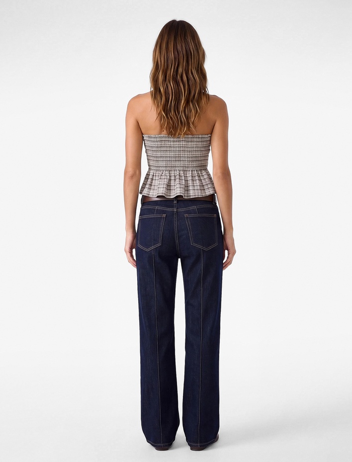  Arkası Gipeli Slim Fit Katmanlı Straplez Ekose Bluz