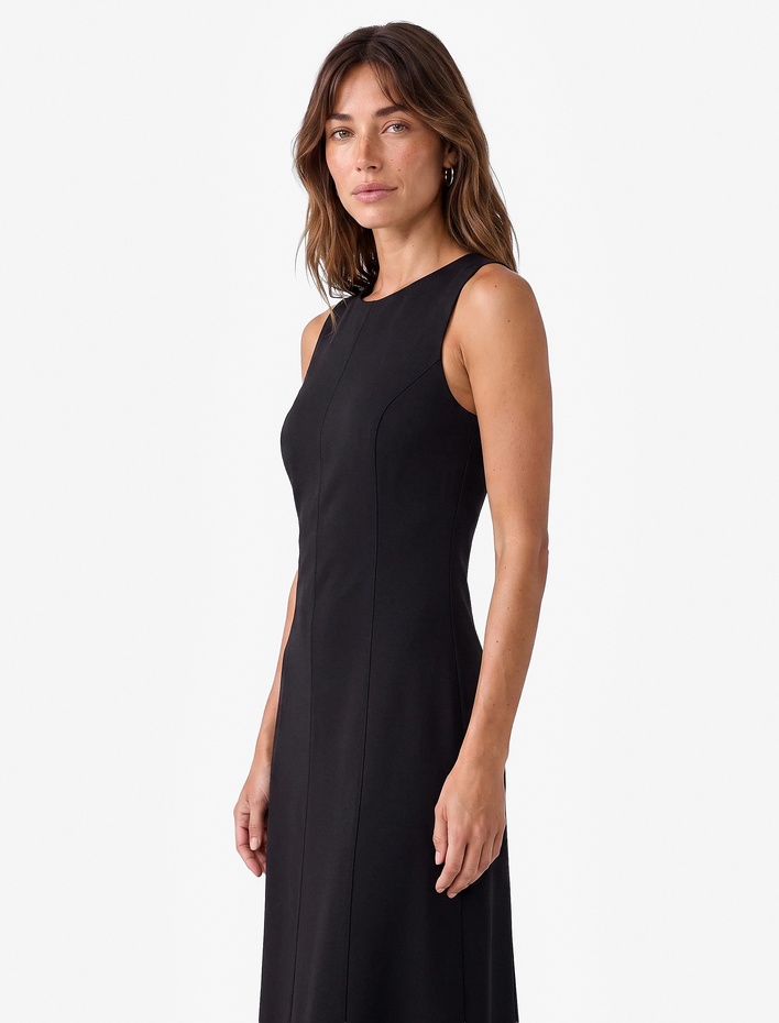  Dikiş Detaylı Slim Fit Bisiklet Yaka Kolsuz Midi Elbise