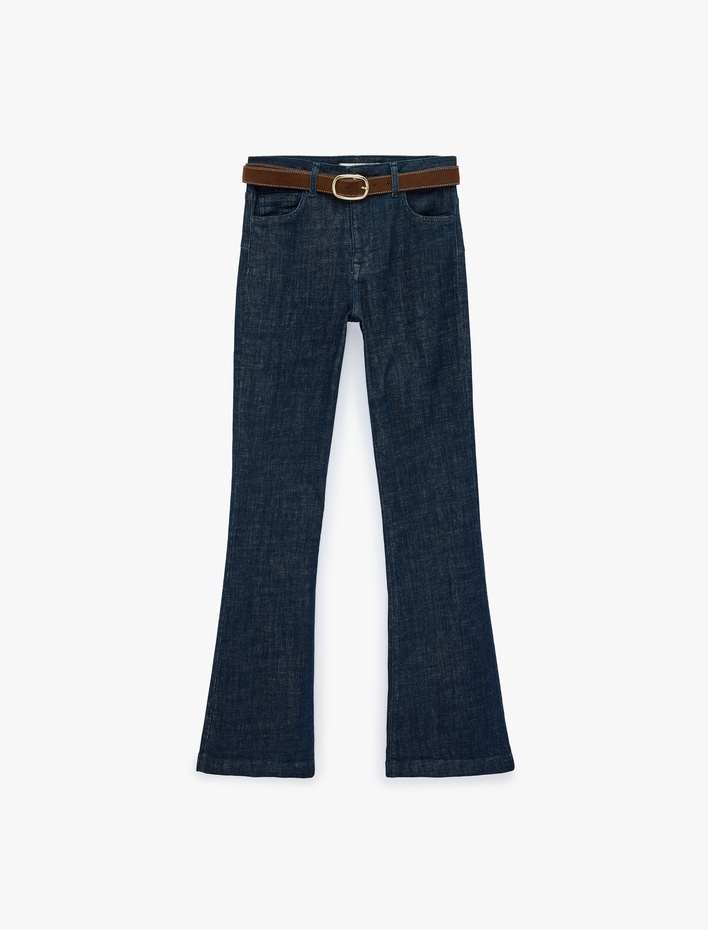  Cepli Düğmeli Kemer Detaylı Dar Kesim İspanyol Paça Denim Pantolon - Flare Jeans