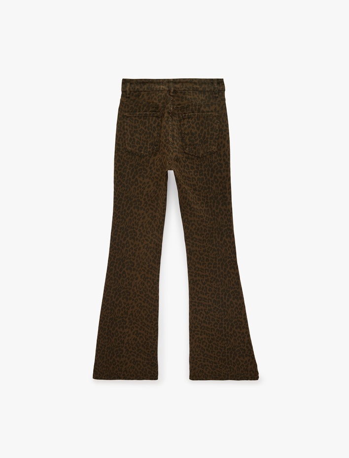  Yüksek Bel Dar Kesim Pamuklu İspanyol Paça Leopar Desenli Pantolon - Flare Jeans