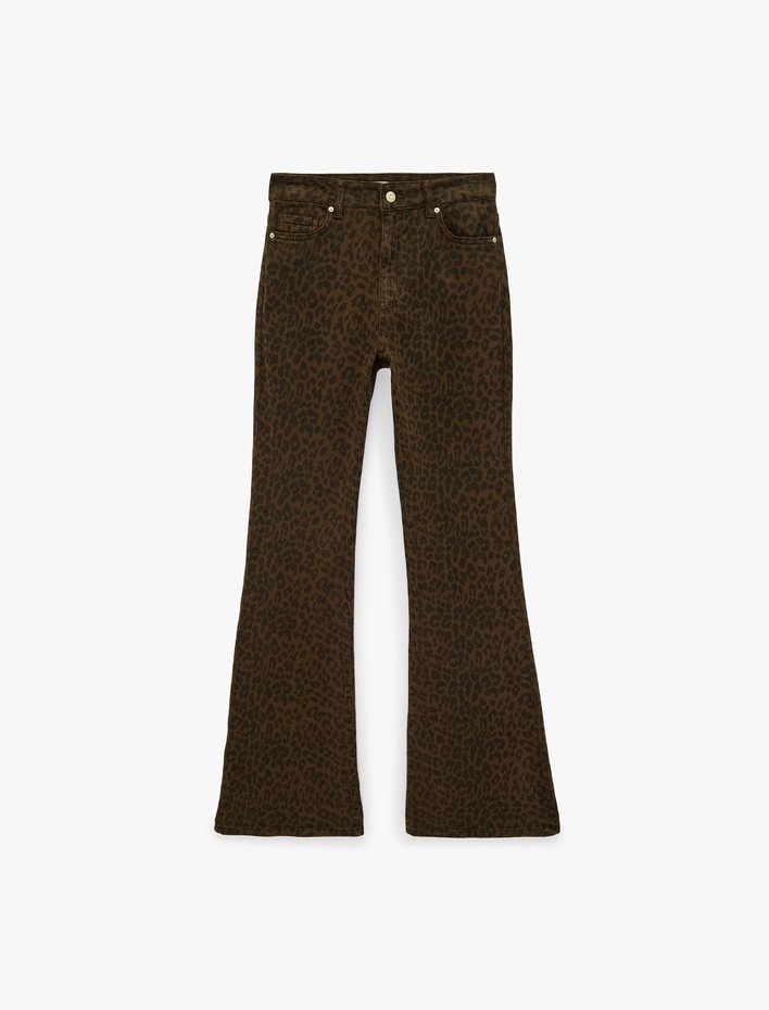  Yüksek Bel Dar Kesim Pamuklu İspanyol Paça Leopar Desenli Pantolon - Flare Jeans