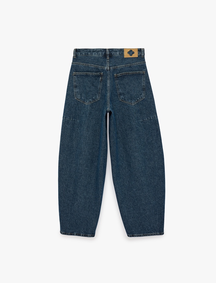  Pamuklu Normal Paça Cepli Düğmeli Balon Denim Pantolon - Balloon Fit Jean