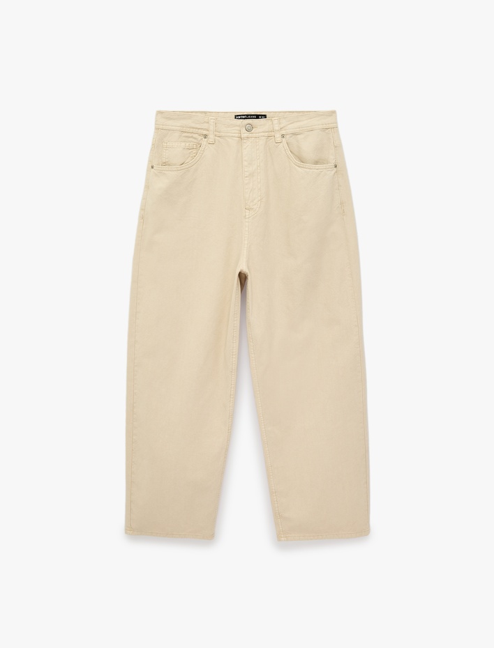  Pamuklu Rahat Kalıp Normal Bel Cepli Barrel Fit Jean Pantolon