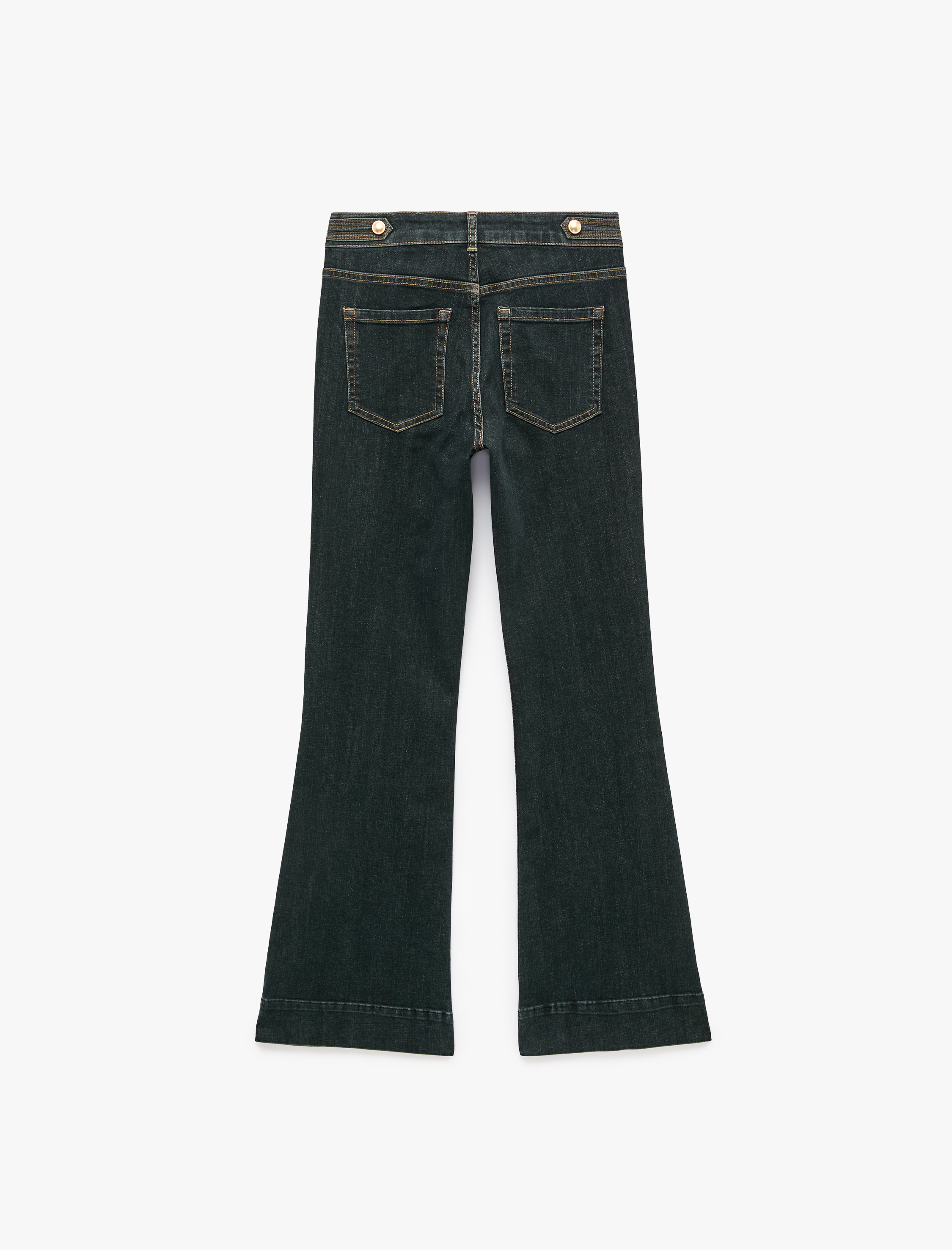   Süslü Düğmeli Normal Bel Dar Kesim Nervürlü İspanyol Paça Denim Pantolon - Flare Jeans