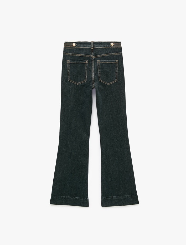  Süslü Düğmeli Normal Bel Dar Kesim Nervürlü İspanyol Paça Denim Pantolon - Flare Jeans
