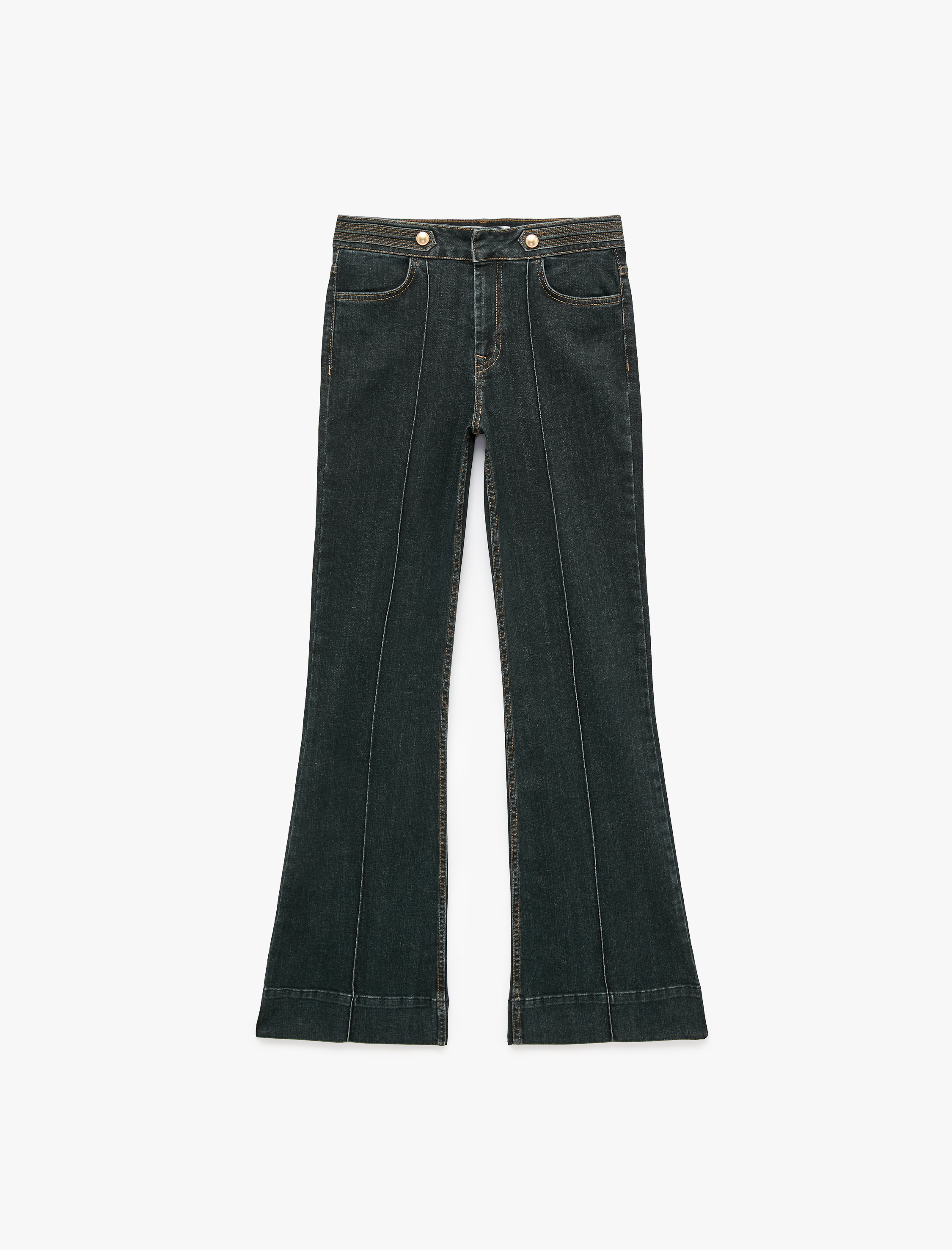   Süslü Düğmeli Normal Bel Dar Kesim Nervürlü İspanyol Paça Denim Pantolon - Flare Jeans