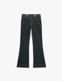 Süslü Düğmeli Normal Bel Dar Kesim Nervürlü İspanyol Paça Denim Pantolon - Flare Jeans