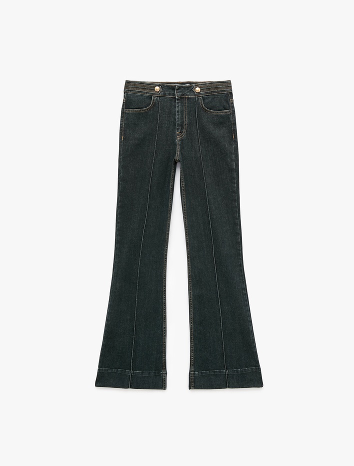  Süslü Düğmeli Normal Bel Dar Kesim Nervürlü İspanyol Paça Denim Pantolon - Flare Jeans