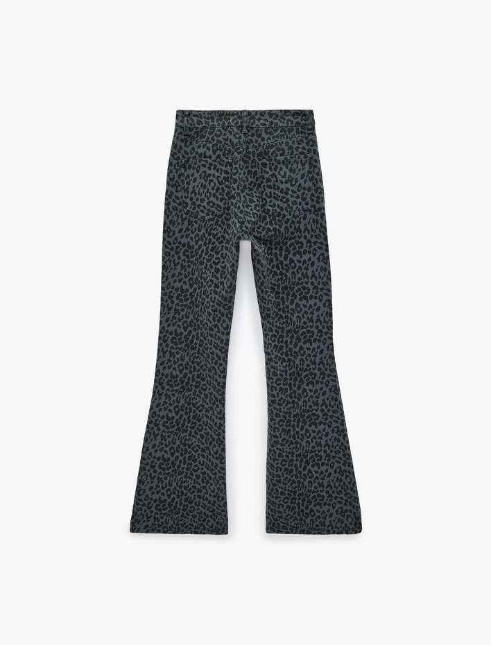  Yüksek Bel Dar Kesim Pamuklu İspanyol Paça Leopar Desenli Pantolon - Flare Jeans