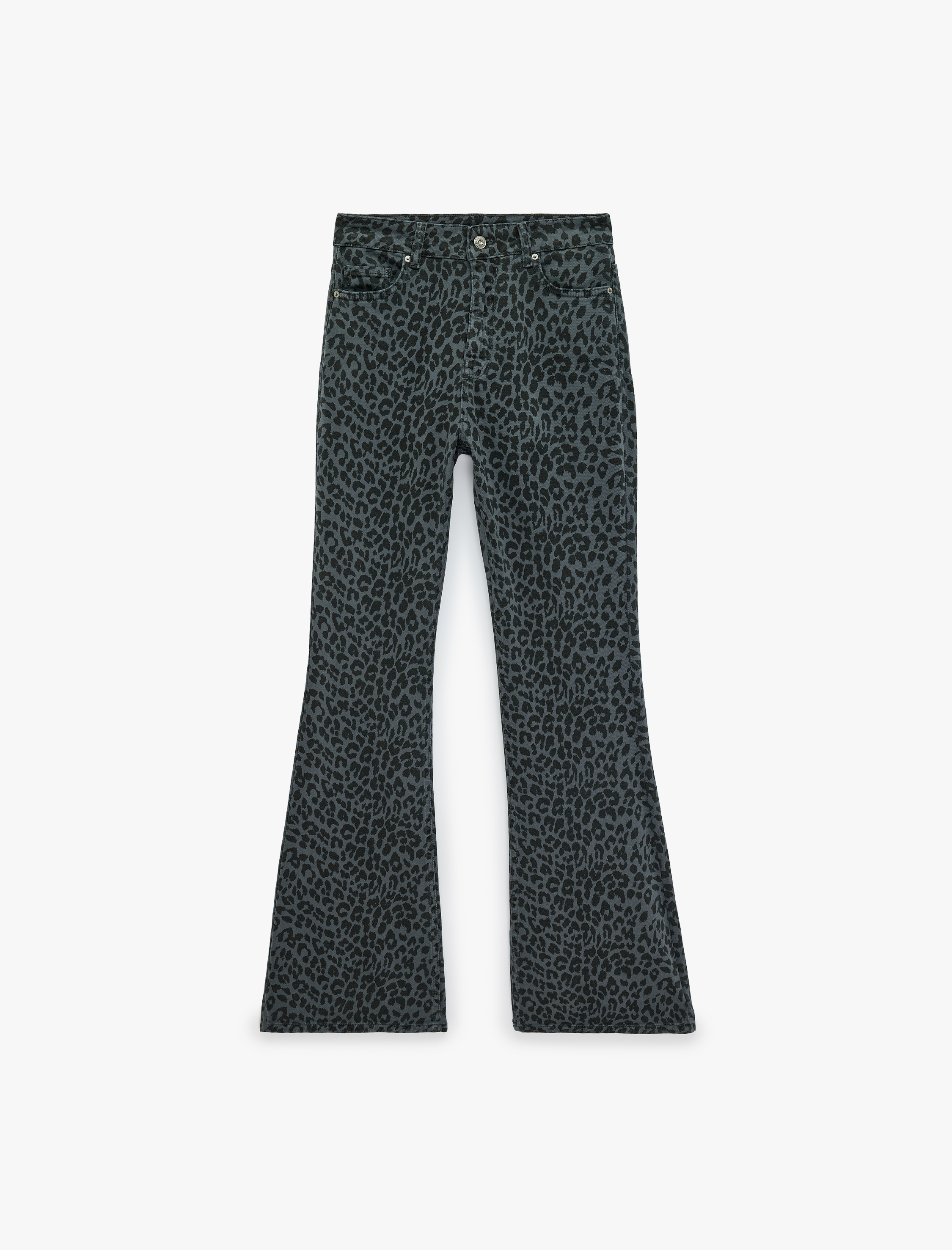   Yüksek Bel Dar Kesim Pamuklu İspanyol Paça Leopar Desenli Pantolon - Flare Jeans