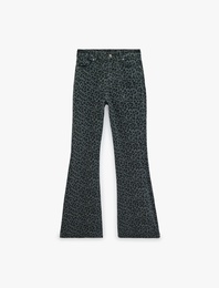 Yüksek Bel Dar Kesim Pamuklu İspanyol Paça Leopar Desenli Pantolon - Flare Jeans