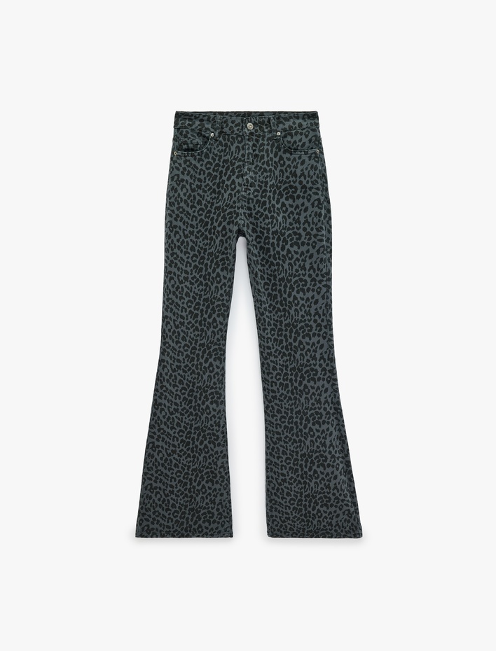  Yüksek Bel Dar Kesim Pamuklu İspanyol Paça Leopar Desenli Pantolon - Flare Jeans