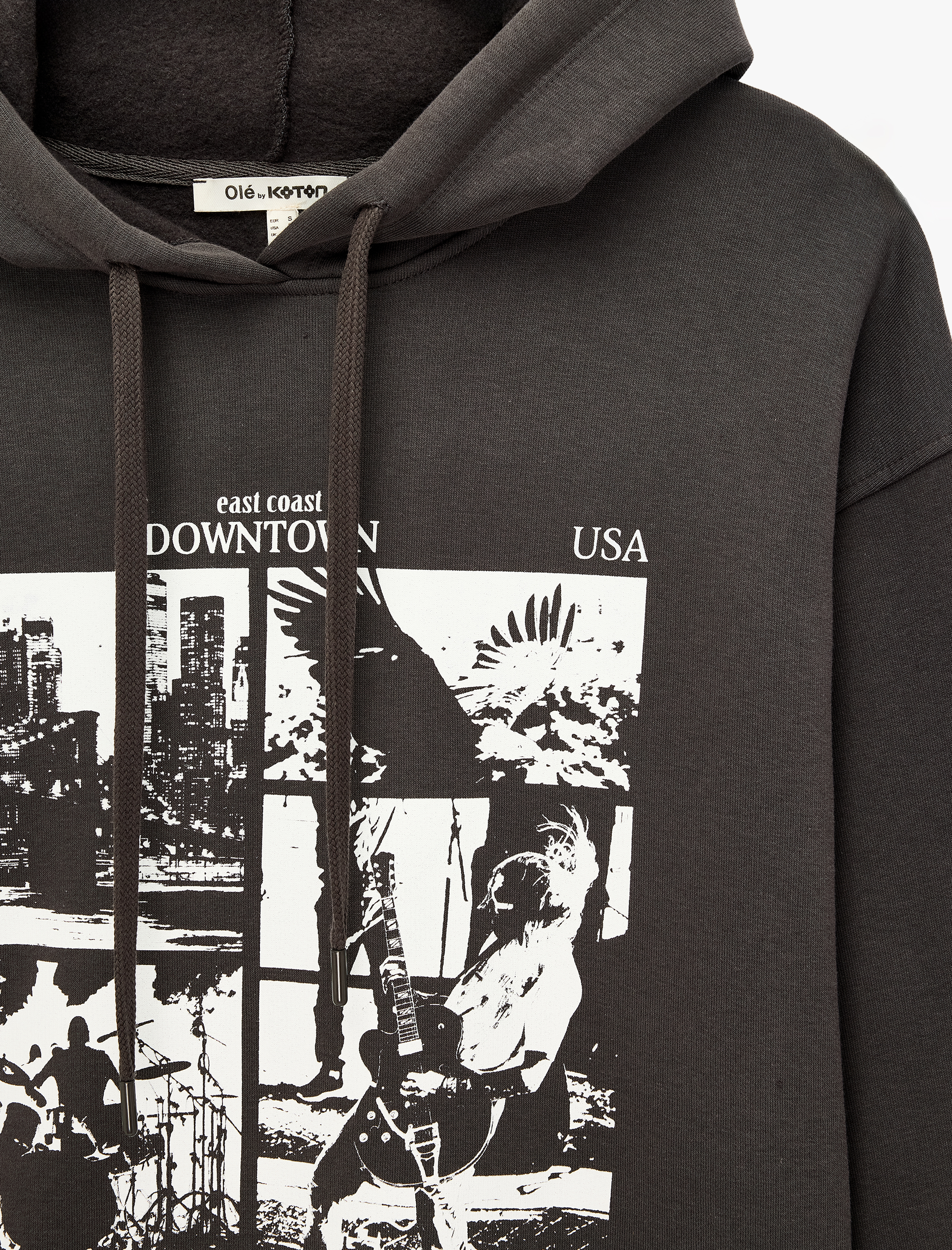   Şardonlu Rahat Kalıp Baskılı Uzun Kollu Kapüşonlu Sweatshirt