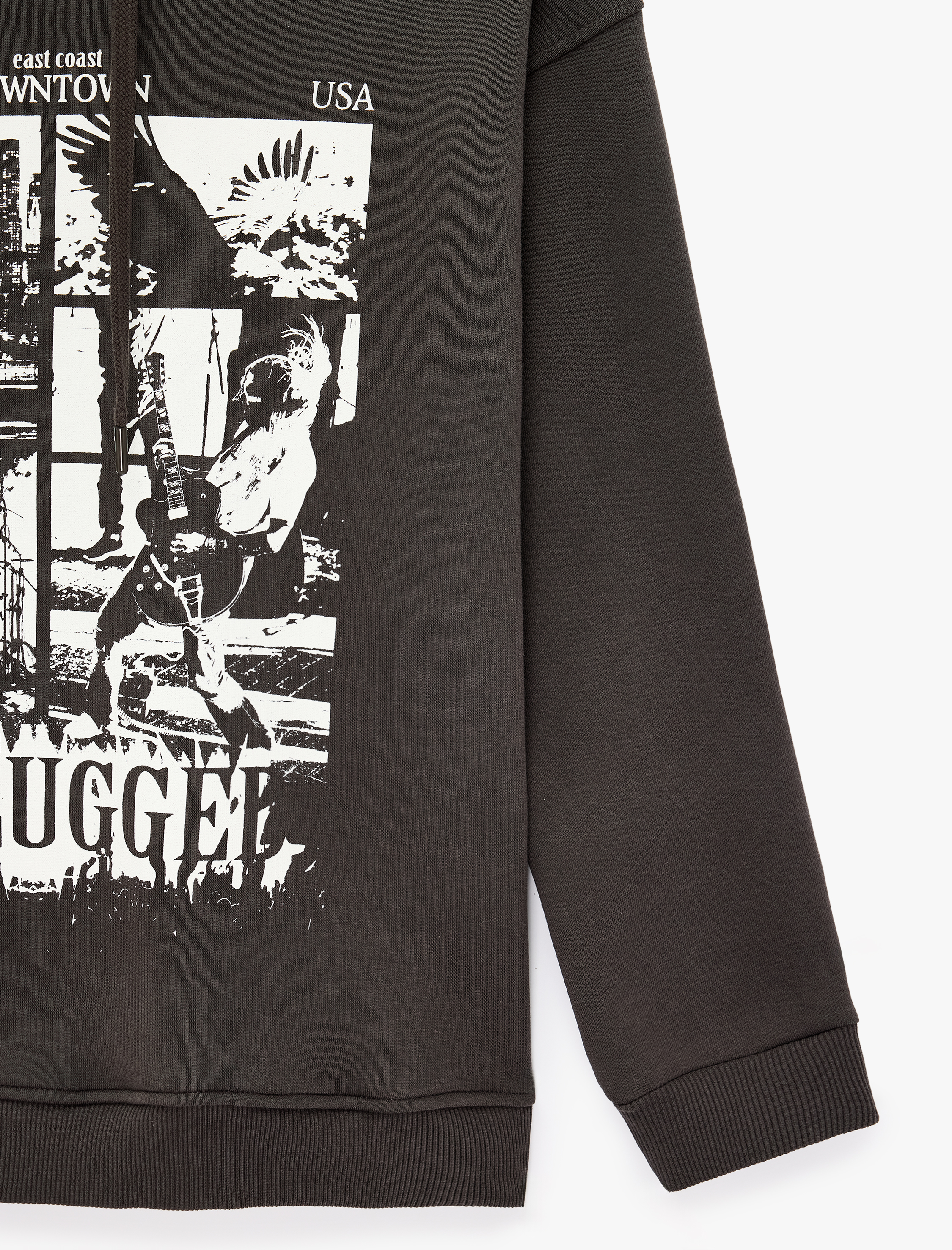  Şardonlu Rahat Kalıp Baskılı Uzun Kollu Kapüşonlu Sweatshirt