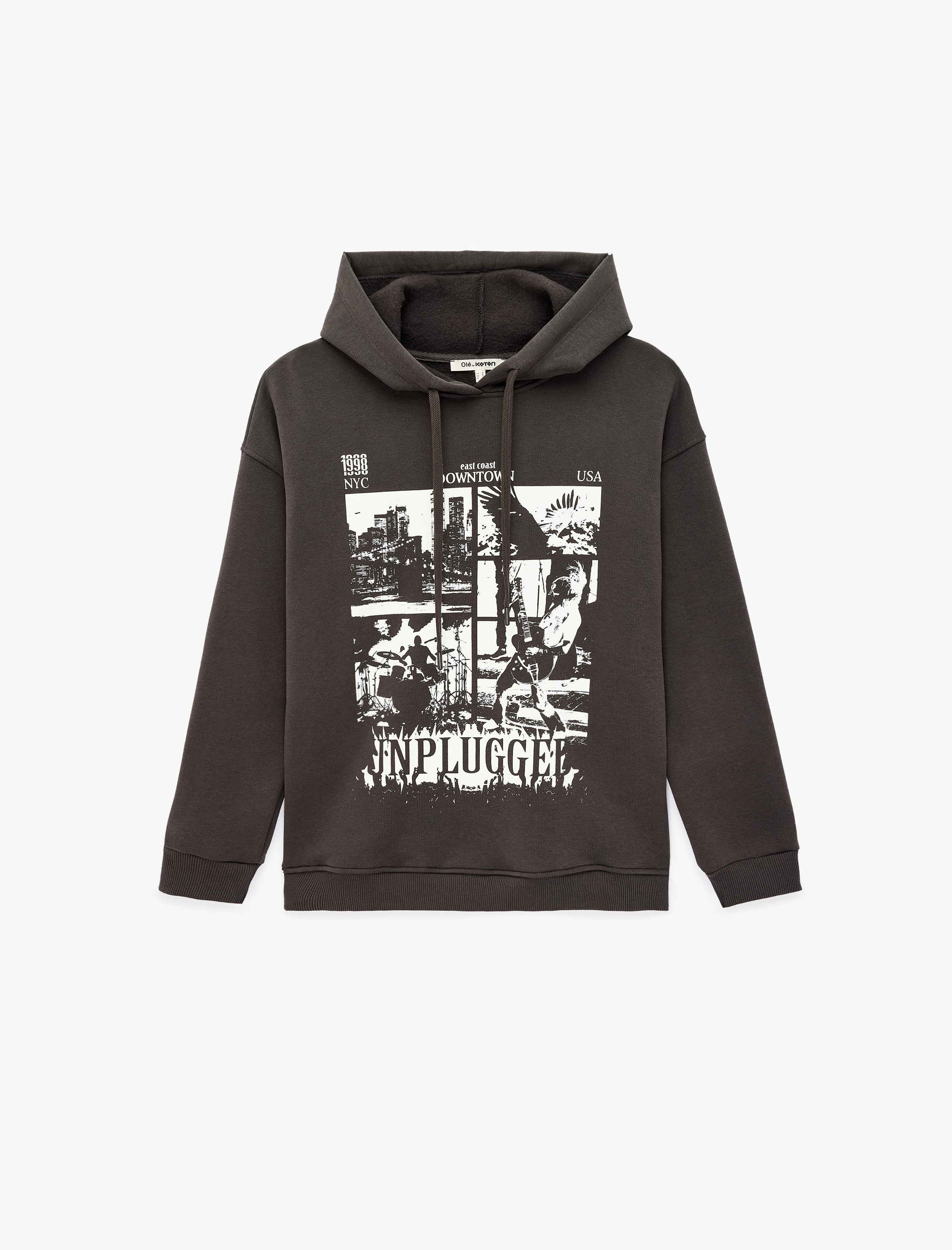   Şardonlu Rahat Kalıp Baskılı Uzun Kollu Kapüşonlu Sweatshirt