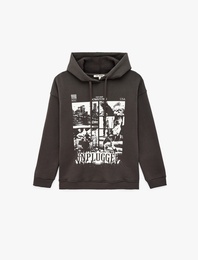 Şardonlu Rahat Kalıp Baskılı Uzun Kollu Kapüşonlu Sweatshirt