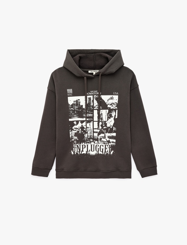  Şardonlu Rahat Kalıp Baskılı Uzun Kollu Kapüşonlu Sweatshirt