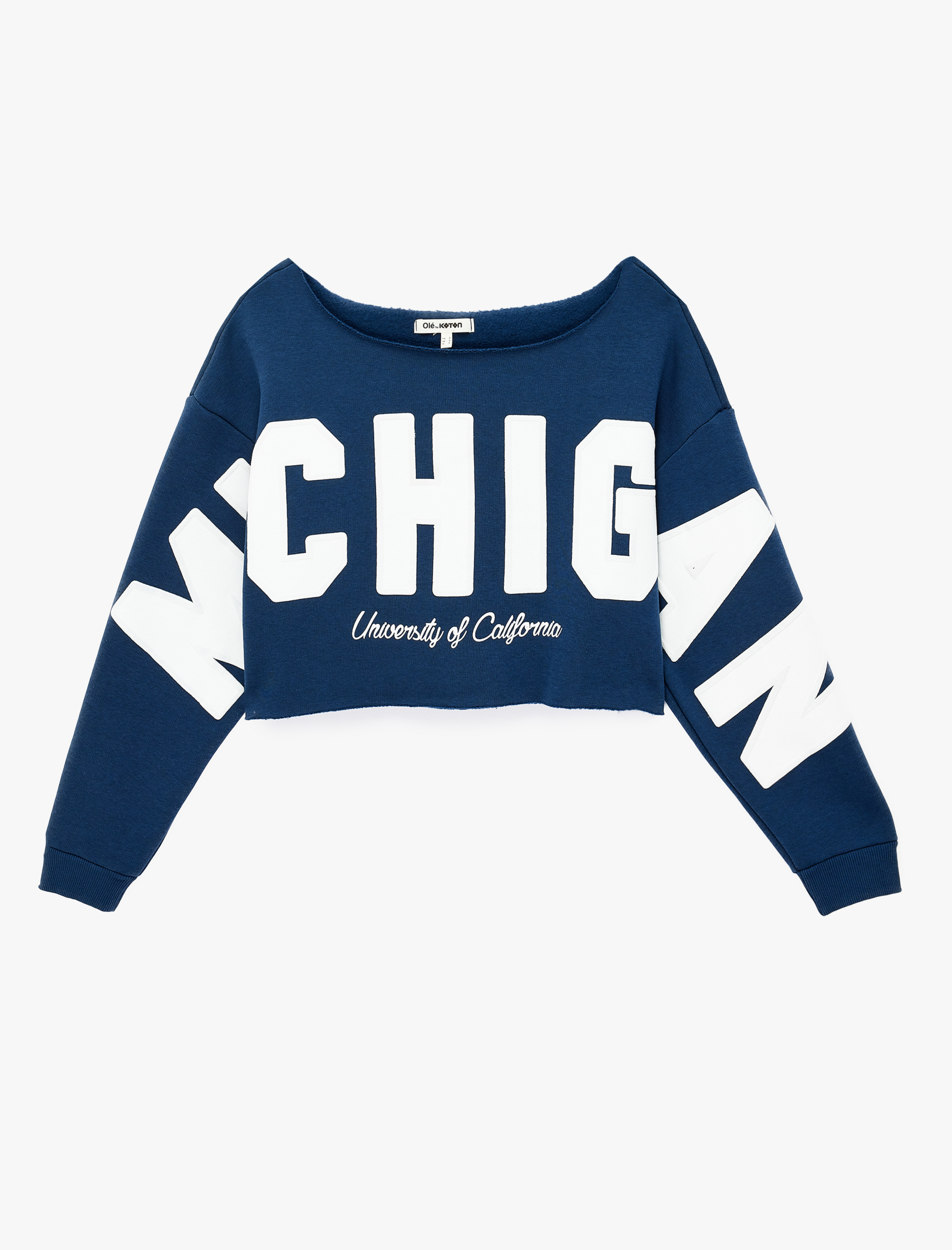   Pamuklu Şardonlu Rahat Kalıp Kayık Yaka Uzun Kollu Baskılı Crop Sweatshirt