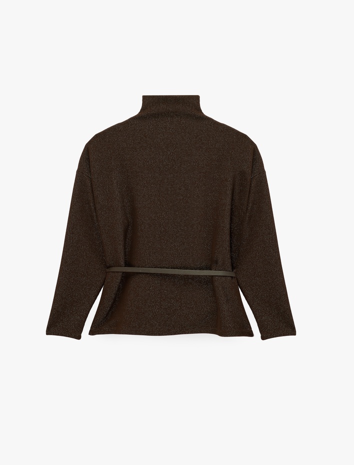  Kemer Detaylı Slim Fit Uzun Kollu Dik Yaka  Bluz