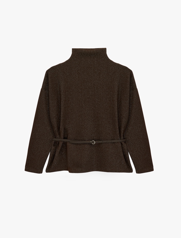  Kemer Detaylı Slim Fit Uzun Kollu Dik Yaka  Bluz