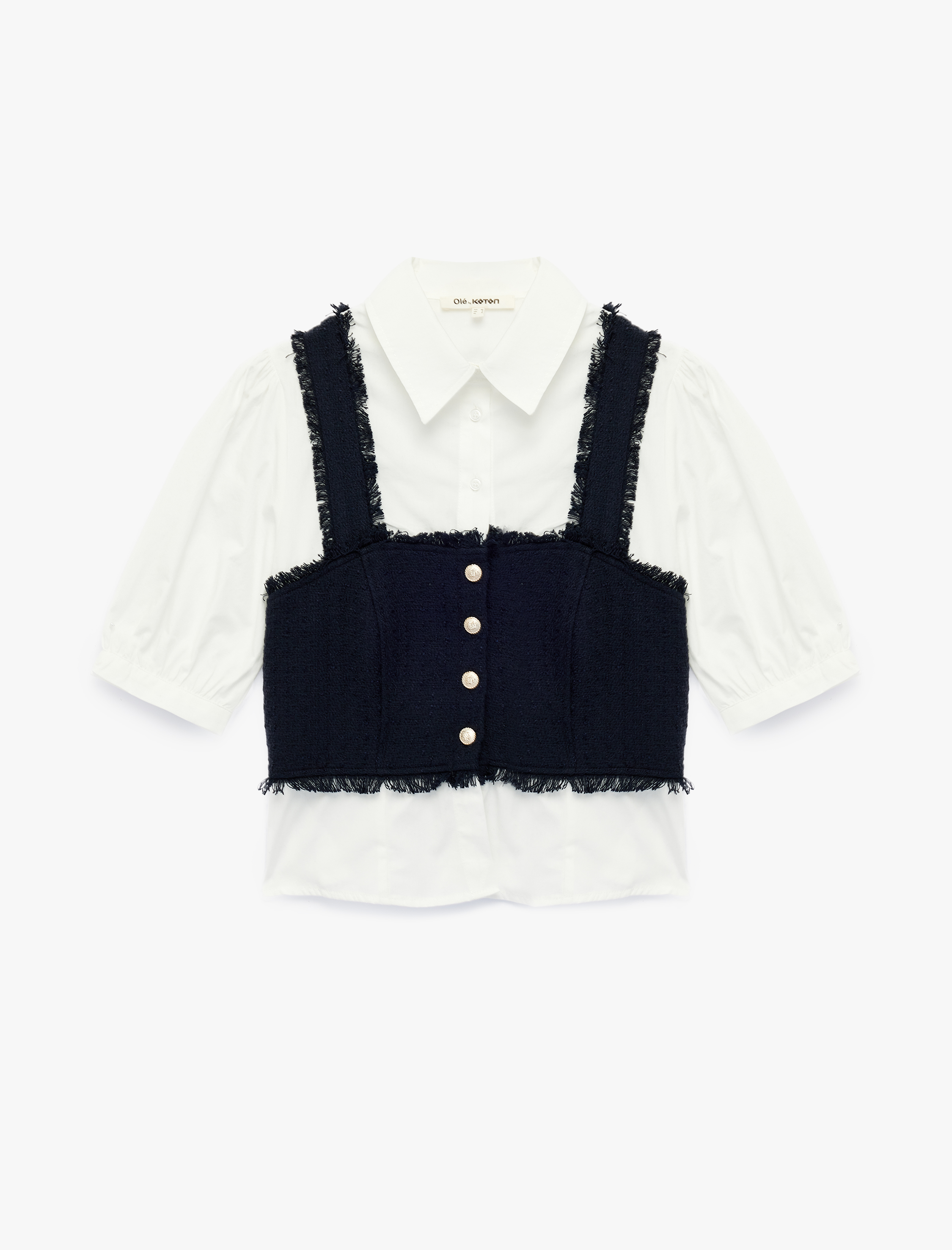  Slim Fit Düğmeli Kısa Balon Kollu Klasik Yaka Tüvit Katmanlı Crop Bluz