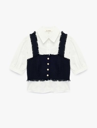 Slim Fit Düğmeli Kısa Balon Kollu Klasik Yaka Tüvit Katmanlı Crop Bluz