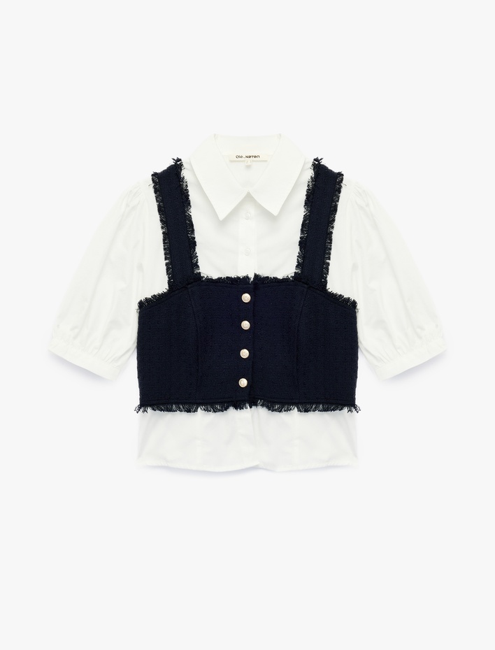  Slim Fit Düğmeli Kısa Balon Kollu Klasik Yaka Tüvit Katmanlı Crop Bluz
