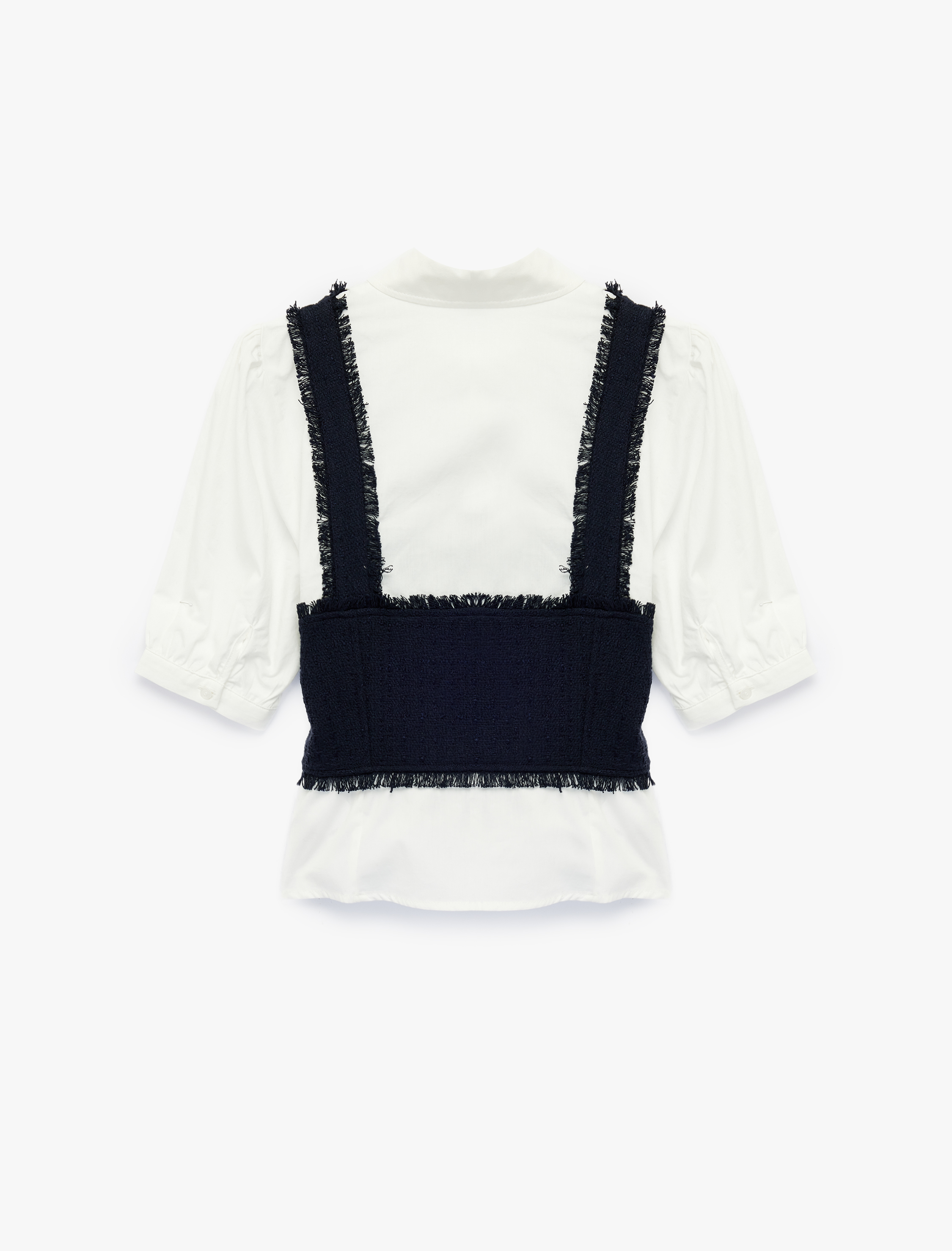   Slim Fit Düğmeli Kısa Balon Kollu Klasik Yaka Tüvit Katmanlı Crop Bluz