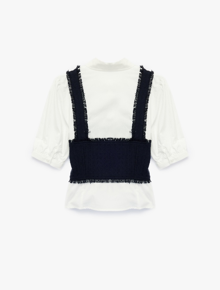  Slim Fit Düğmeli Kısa Balon Kollu Klasik Yaka Tüvit Katmanlı Crop Bluz